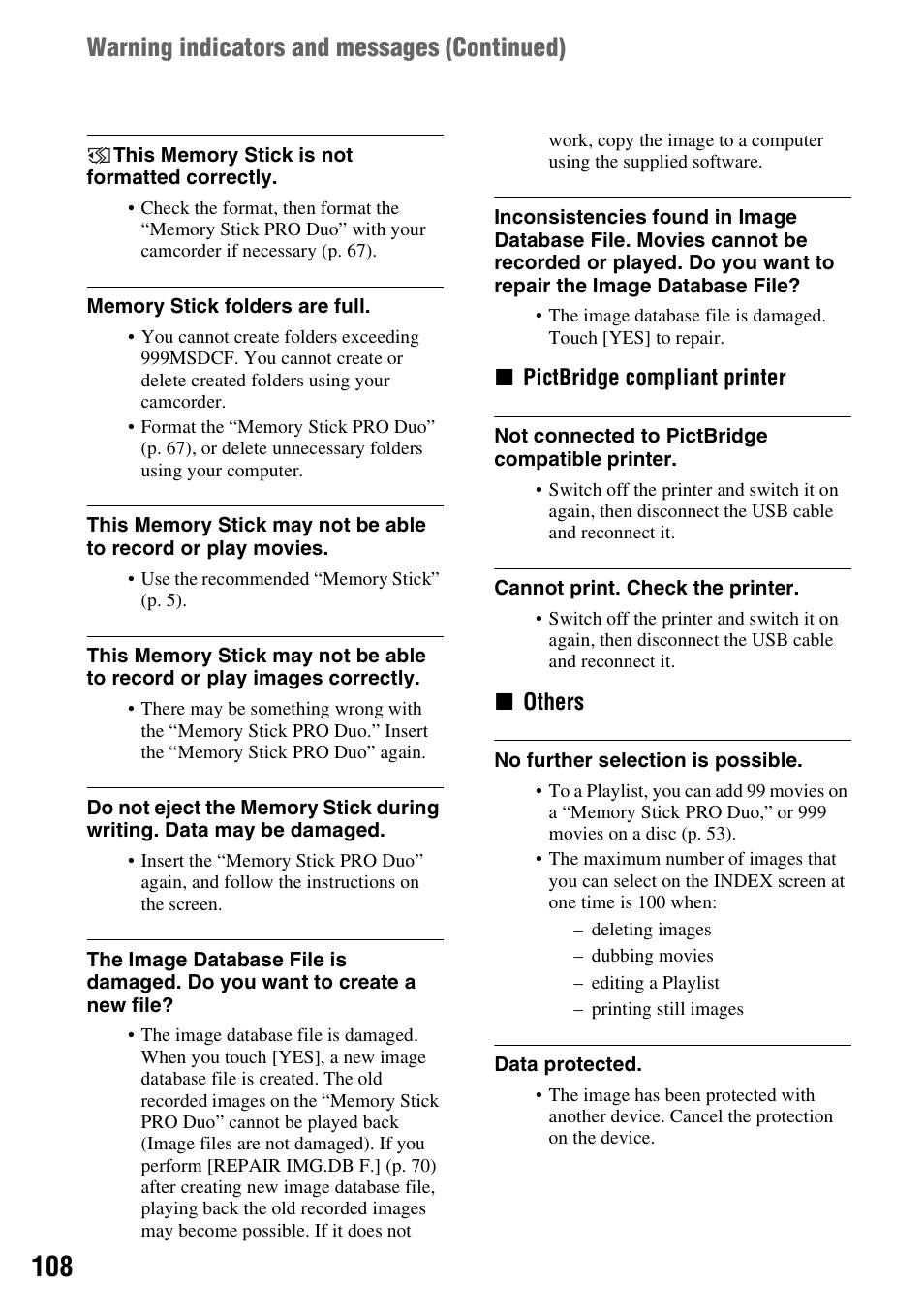 Warning indicators and messages (continued) | Sony DCR-DVD910 User Manual | Page 108 / 151