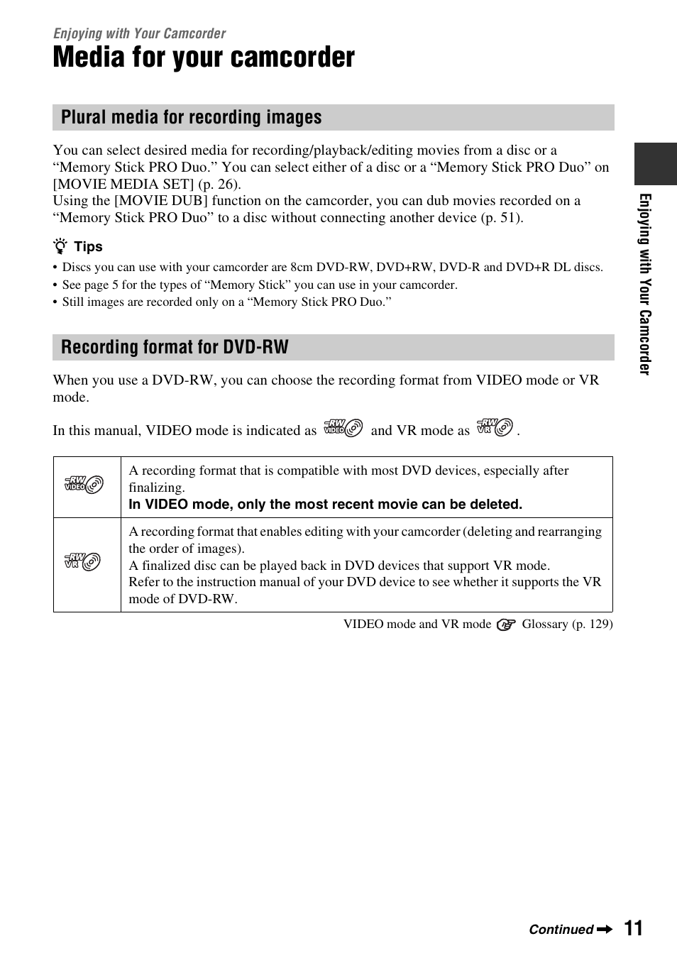 Enjoying with your camcorder, Media for your camcorder, Enjoying with your | Camcorder | Sony DCR-DVD910 User Manual | Page 11 / 151