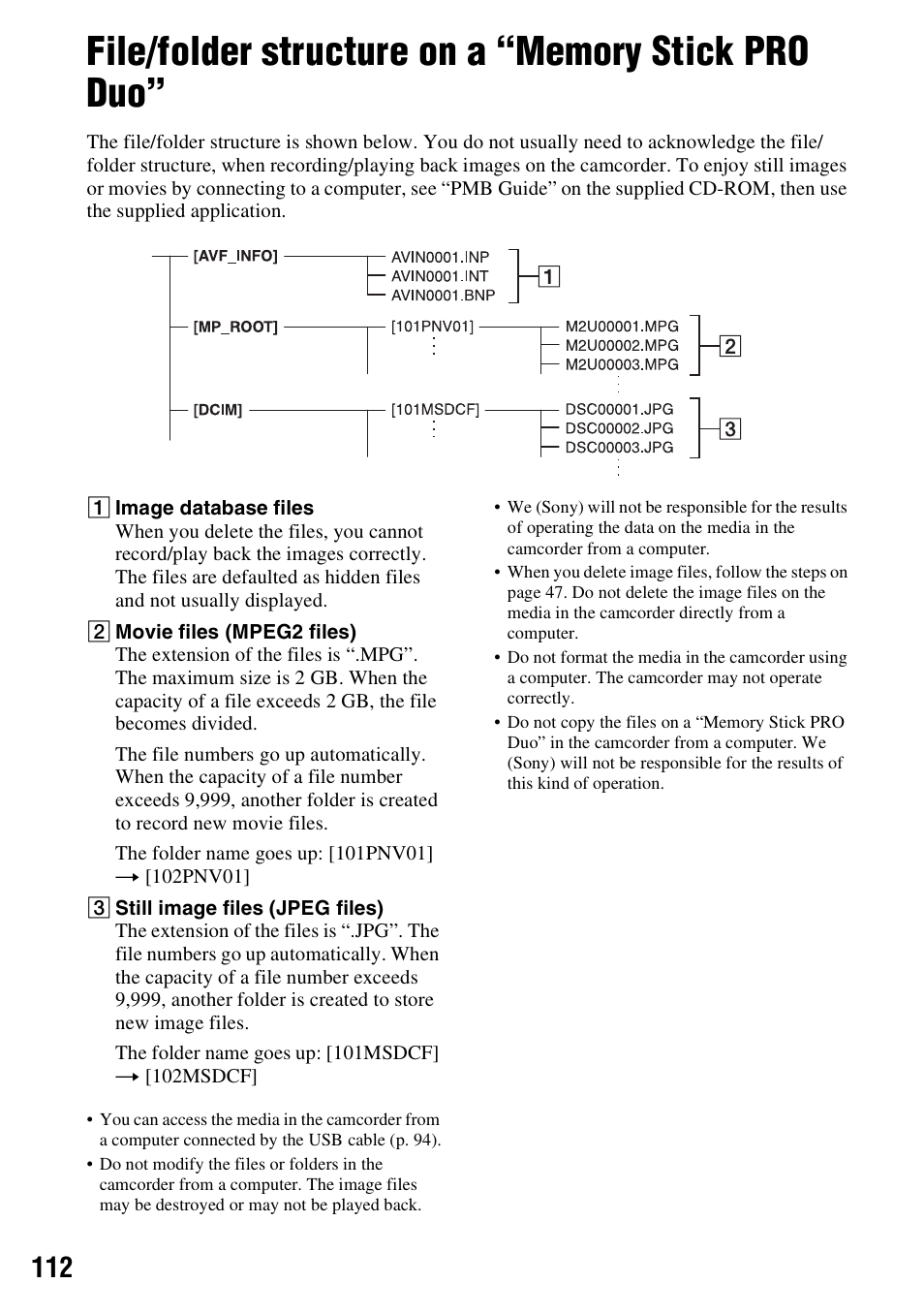 File/folder structure on a “memory stick pro duo, File/folder structure on a “memory, Stick pro duo | Sony DCR-DVD910 User Manual | Page 112 / 151