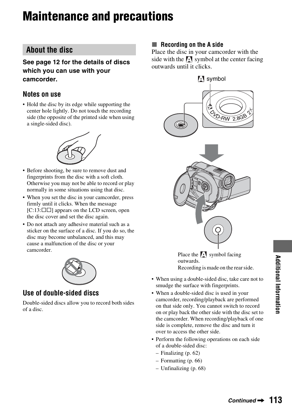 Maintenance and precautions, About the disc, P. 113) | Sony DCR-DVD910 User Manual | Page 113 / 151