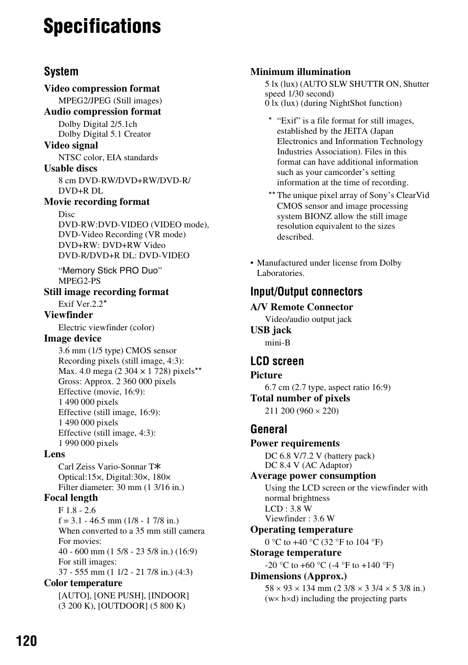 Specifications | Sony DCR-DVD910 User Manual | Page 120 / 151
