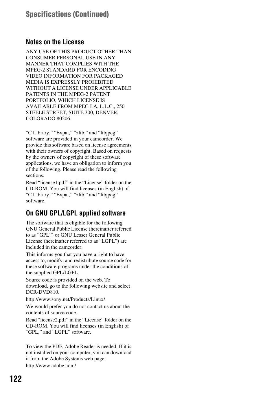 Specifications (continued) | Sony DCR-DVD910 User Manual | Page 122 / 151