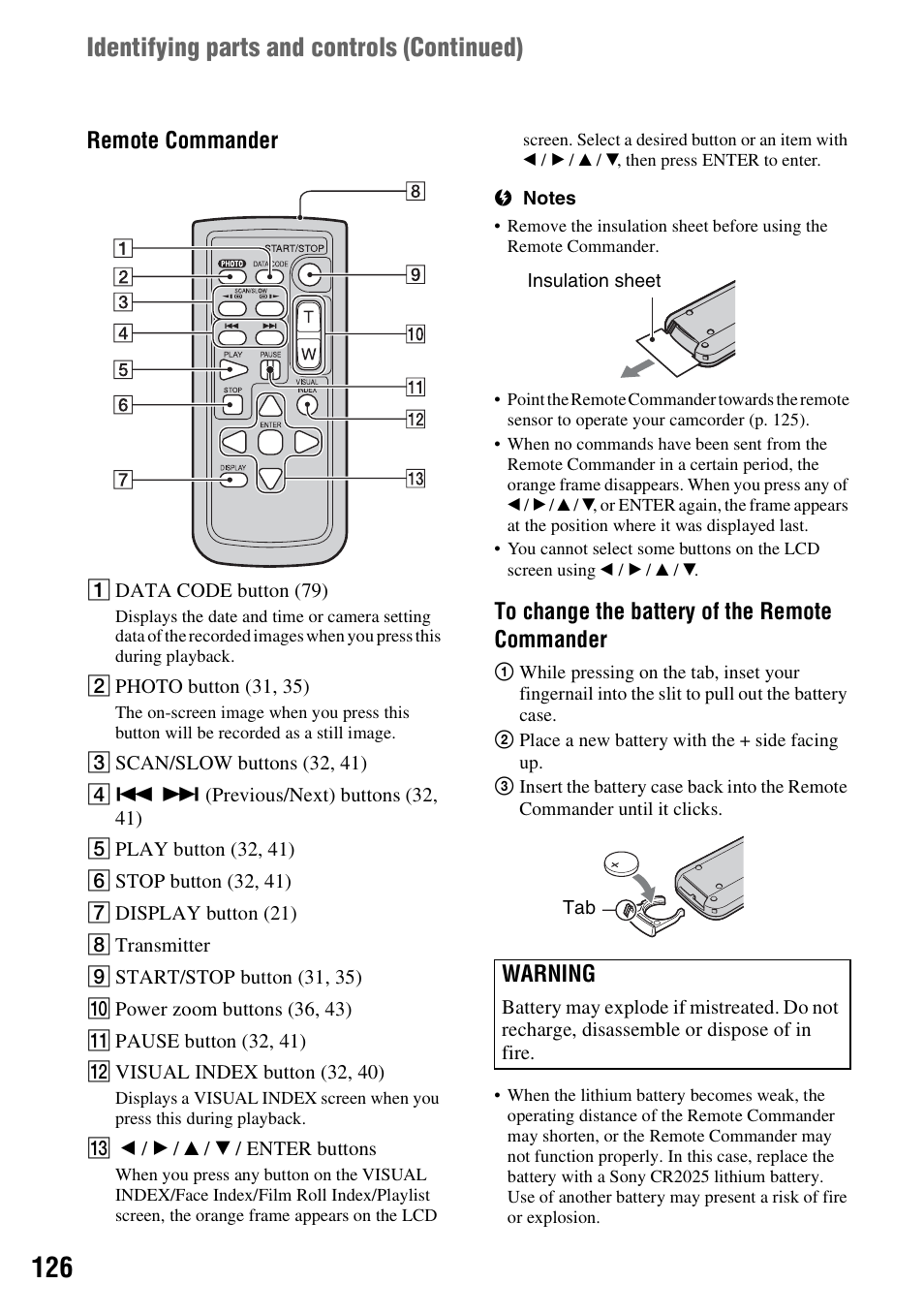 P. 126), P. 126, Identifying parts and controls (continued) | Remote commander, Warning | Sony DCR-DVD910 User Manual | Page 126 / 151