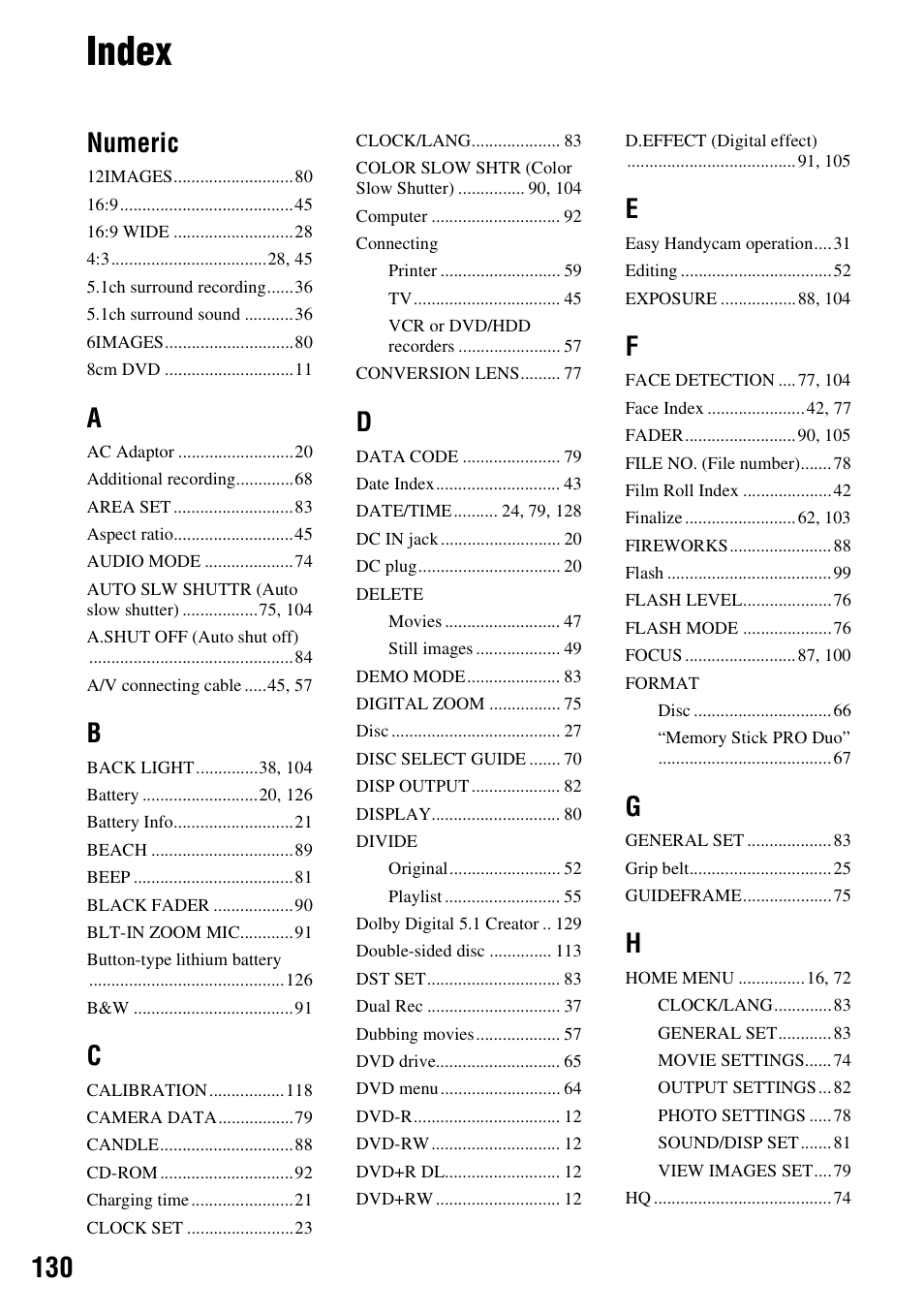 Index, Numeric | Sony DCR-DVD910 User Manual | Page 130 / 151