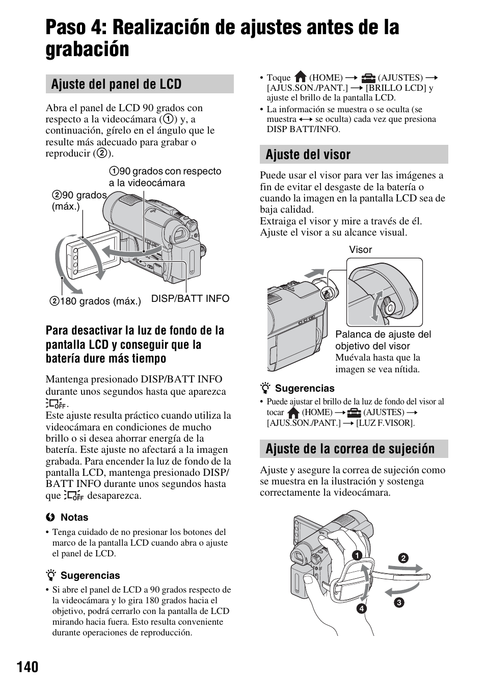 Ajuste del panel de lcd, Ajuste del visor ajuste de la correa de sujeción | Sony DCR-DVD910 User Manual | Page 140 / 151