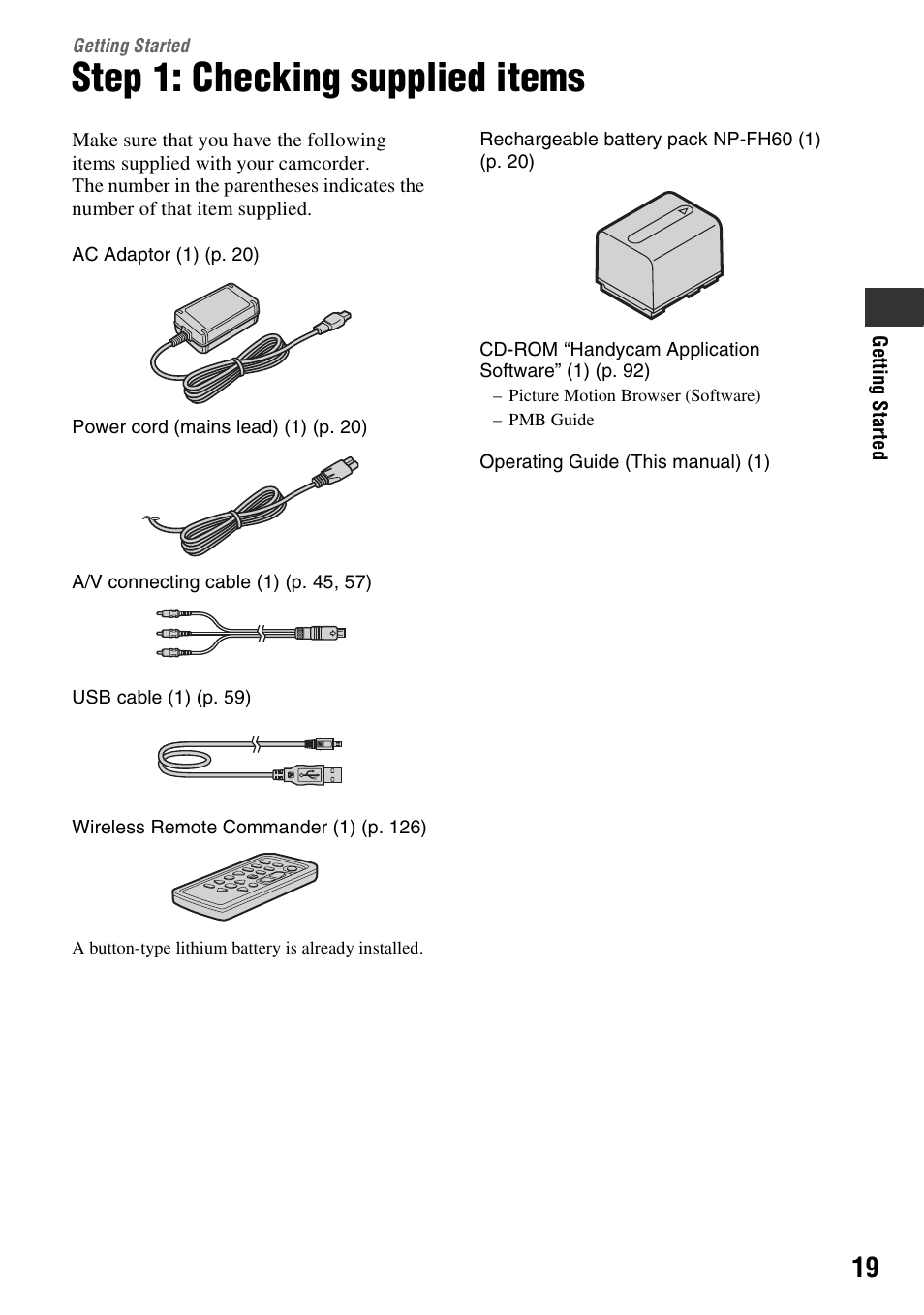 Getting started, Step 1: checking supplied items | Sony DCR-DVD910 User Manual | Page 19 / 151