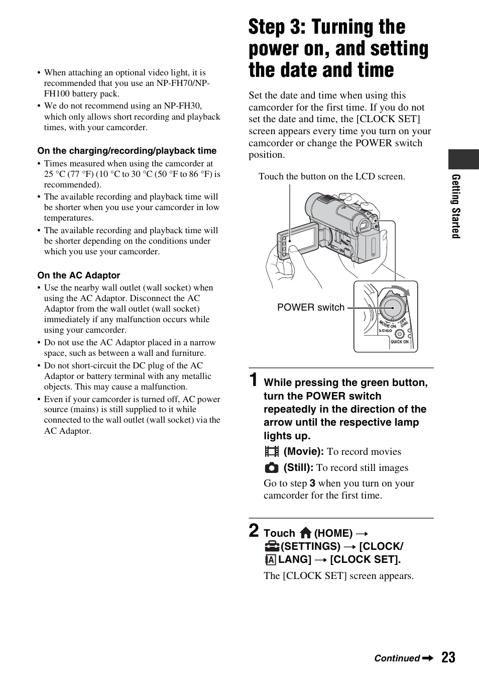 P. 23), Step 3: turning the power on, and, Setting the date and time | Mp (p. 23) | Sony DCR-DVD910 User Manual | Page 23 / 151