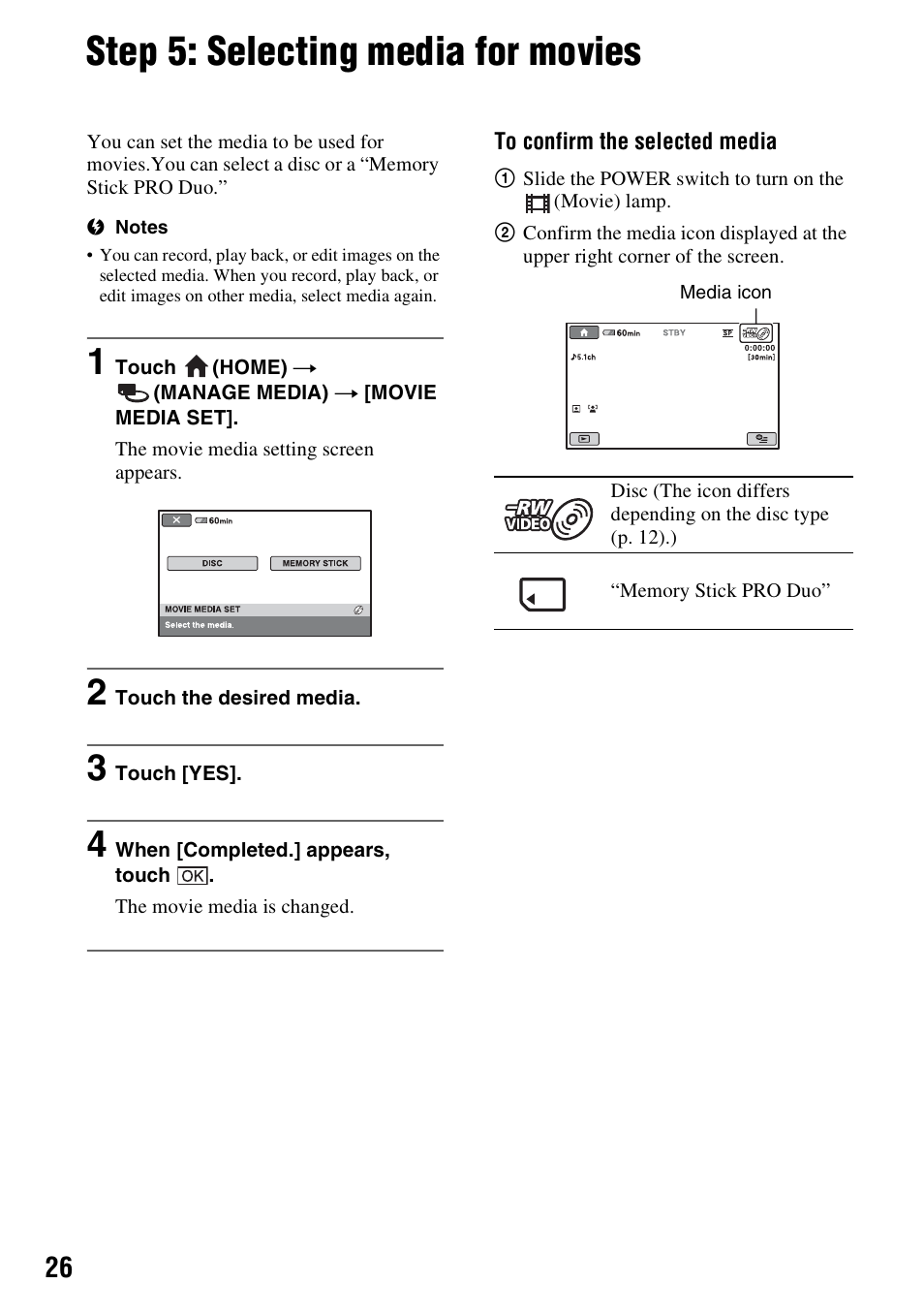 Step 5: selecting media for movies, P. 26, P. 26) | Sony DCR-DVD910 User Manual | Page 26 / 151