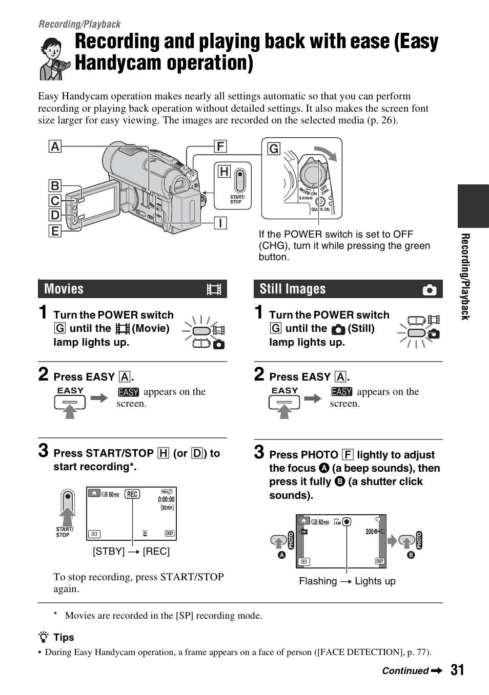 Recording/playback, Recording/playback 31, Recording and playing back with ease | Easy handycam operation), P. 31), P. 31 | Sony DCR-DVD910 User Manual | Page 31 / 151