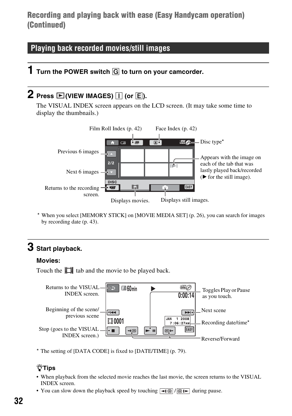 Playing back recorded movies/still images | Sony DCR-DVD910 User Manual | Page 32 / 151