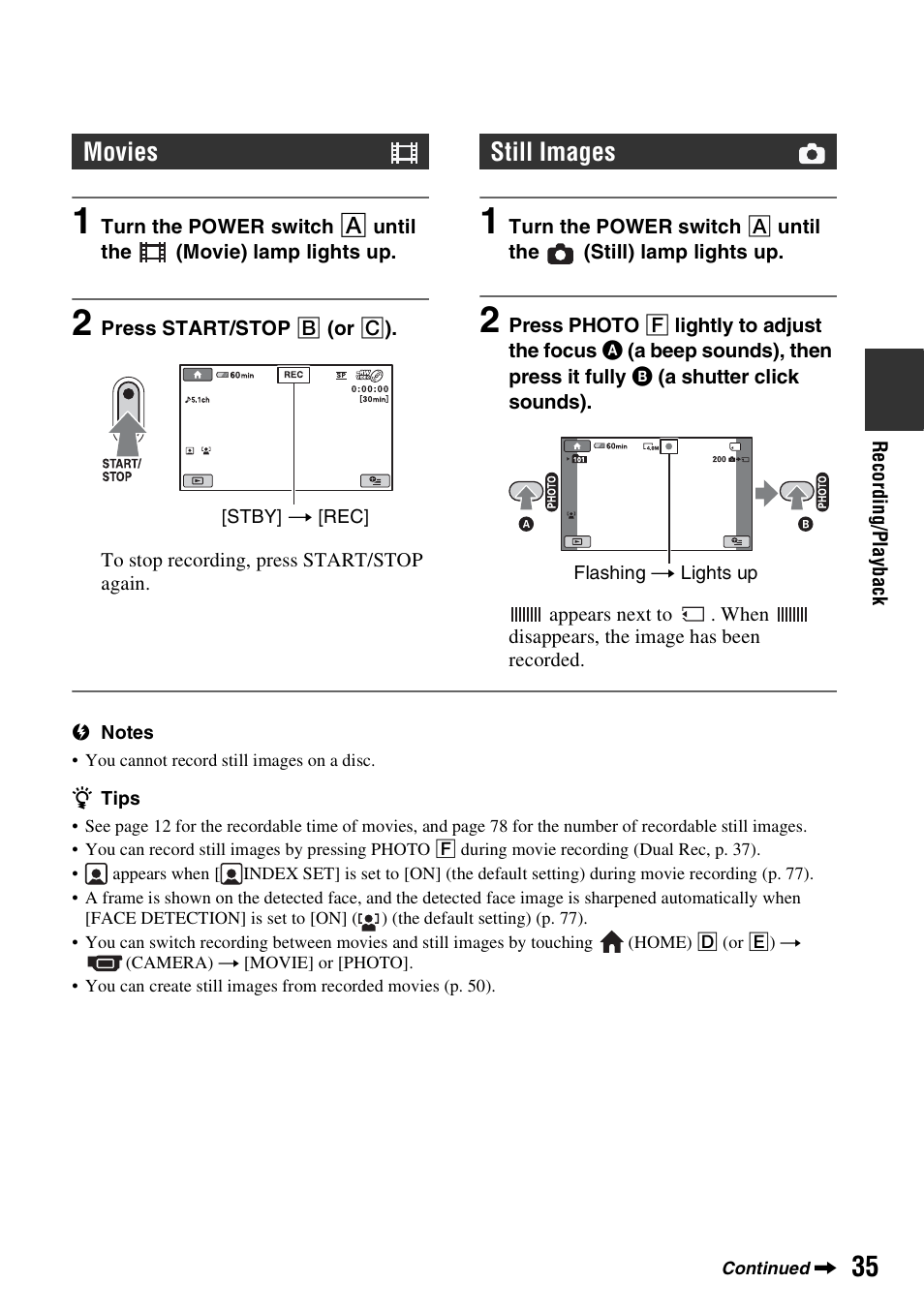 Movies, Still images | Sony DCR-DVD910 User Manual | Page 35 / 151