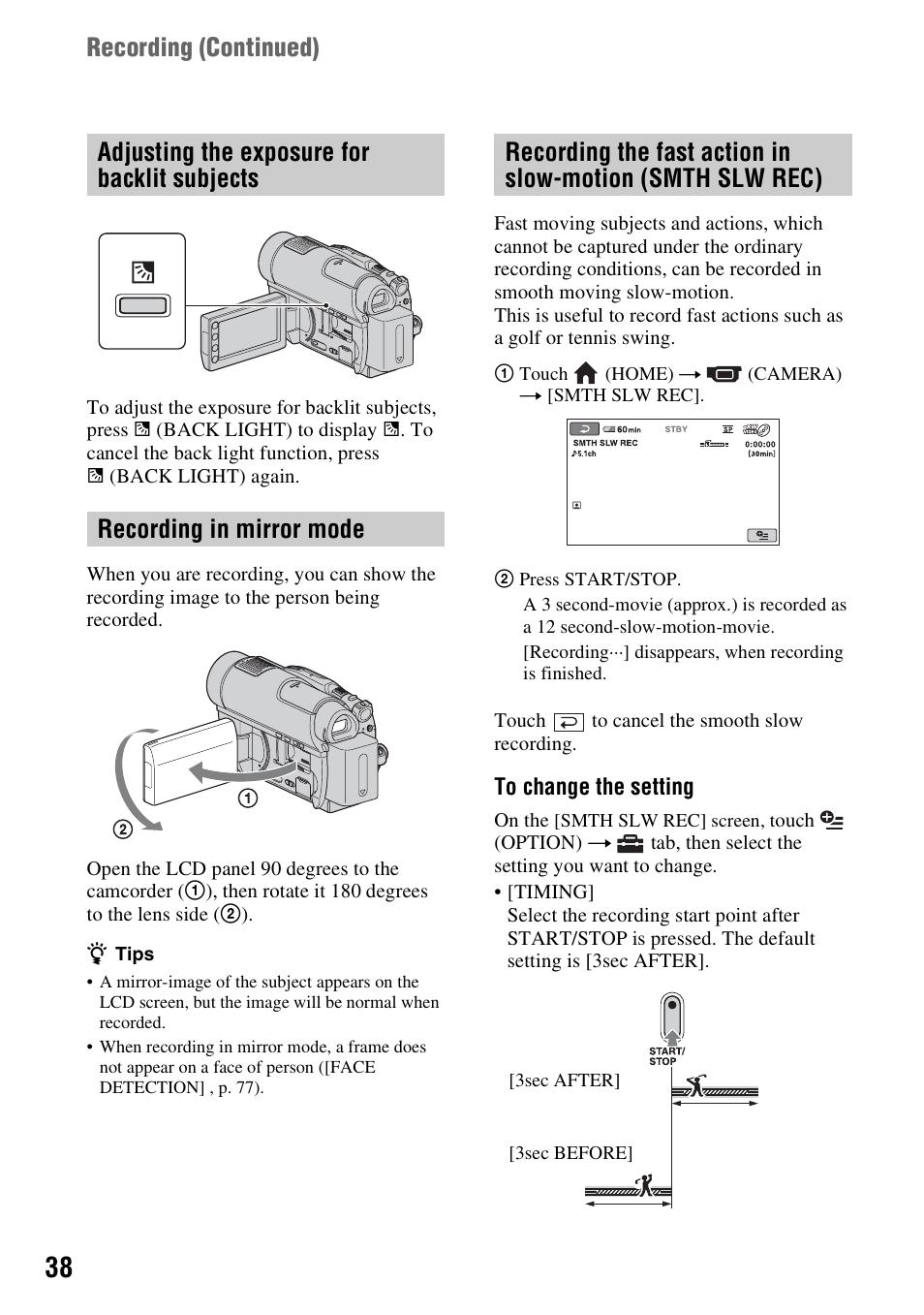 Adjusting the exposure for backlit subjects, Recording in mirror mode, Adjusting the exposure for backlit | Subjects, Motion (smth slw rec), Recording (continued) | Sony DCR-DVD910 User Manual | Page 38 / 151