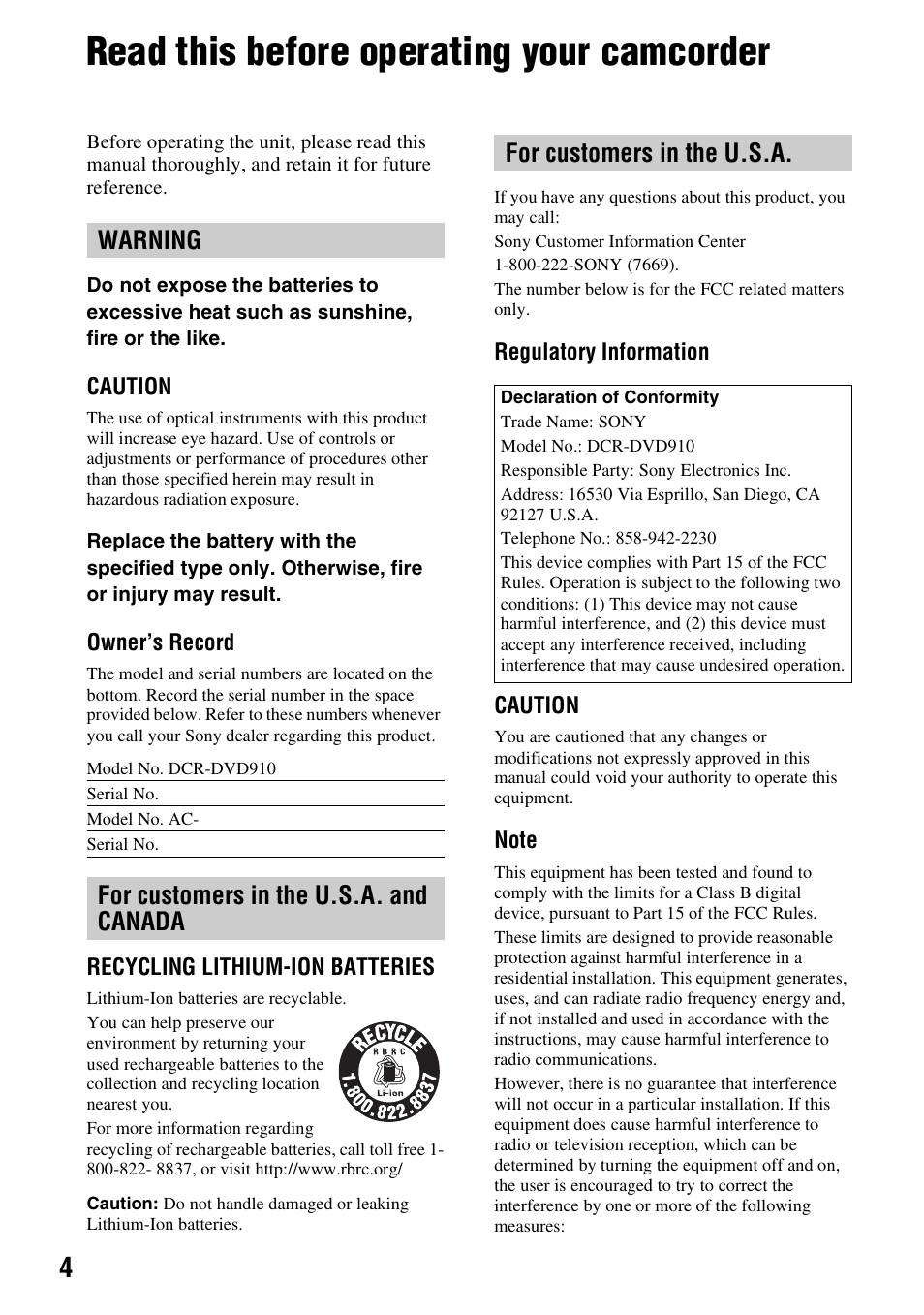 Read this before operating your camcorder, Warning | Sony DCR-DVD910 User Manual | Page 4 / 151