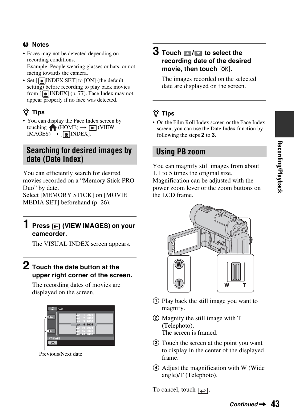 Searching for desired images by date (date index), Using pb zoom, Searching for desired images by | Date (date index), P. 43) | Sony DCR-DVD910 User Manual | Page 43 / 151