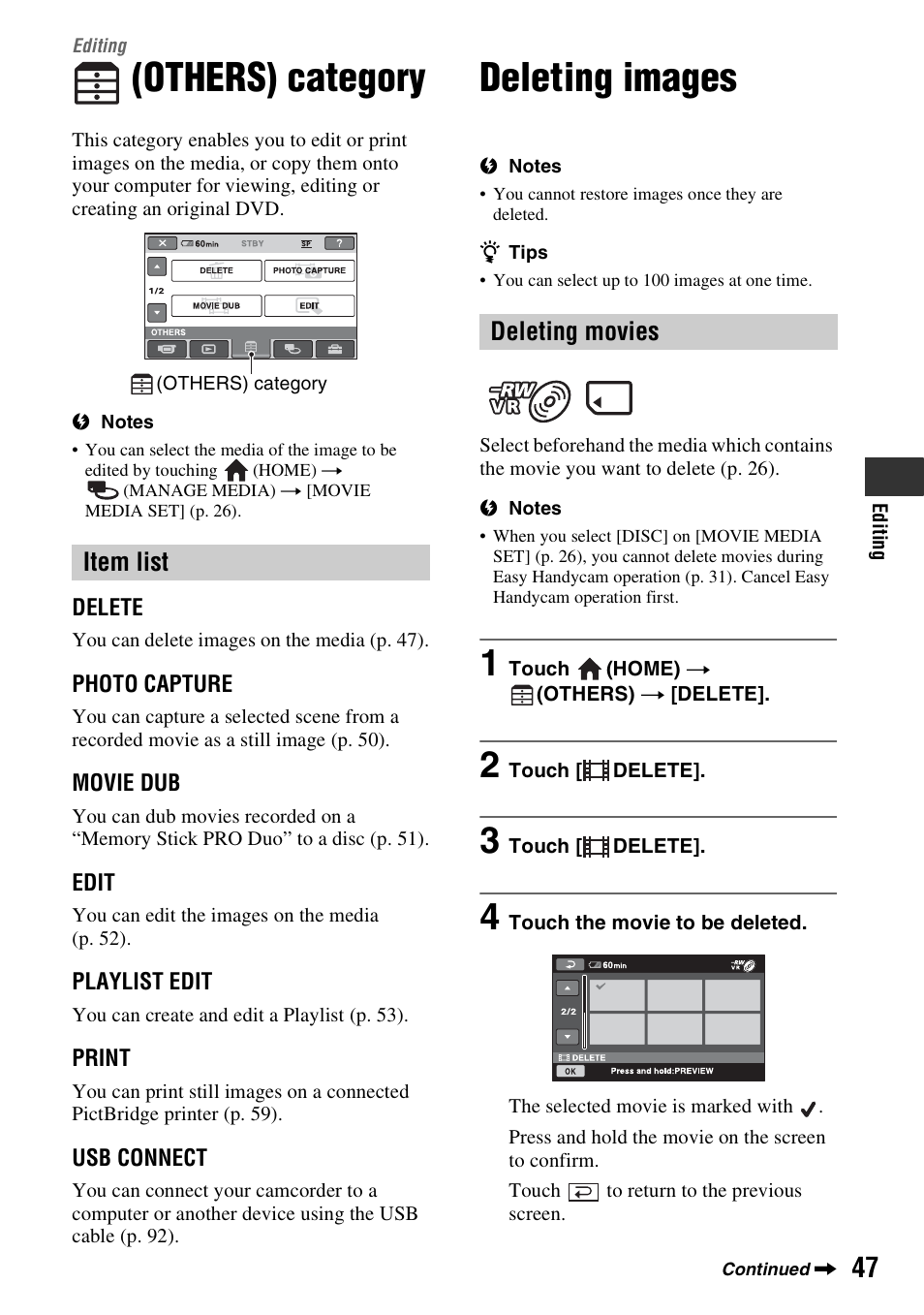 Editing, Others) category, Deleting images | Item list, Deleting movies | Sony DCR-DVD910 User Manual | Page 47 / 151