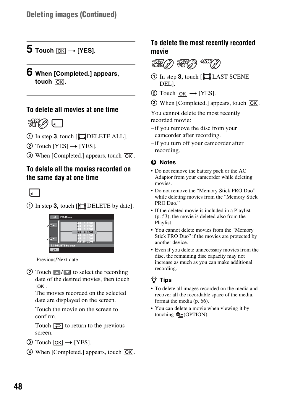 Deleting images (continued) | Sony DCR-DVD910 User Manual | Page 48 / 151