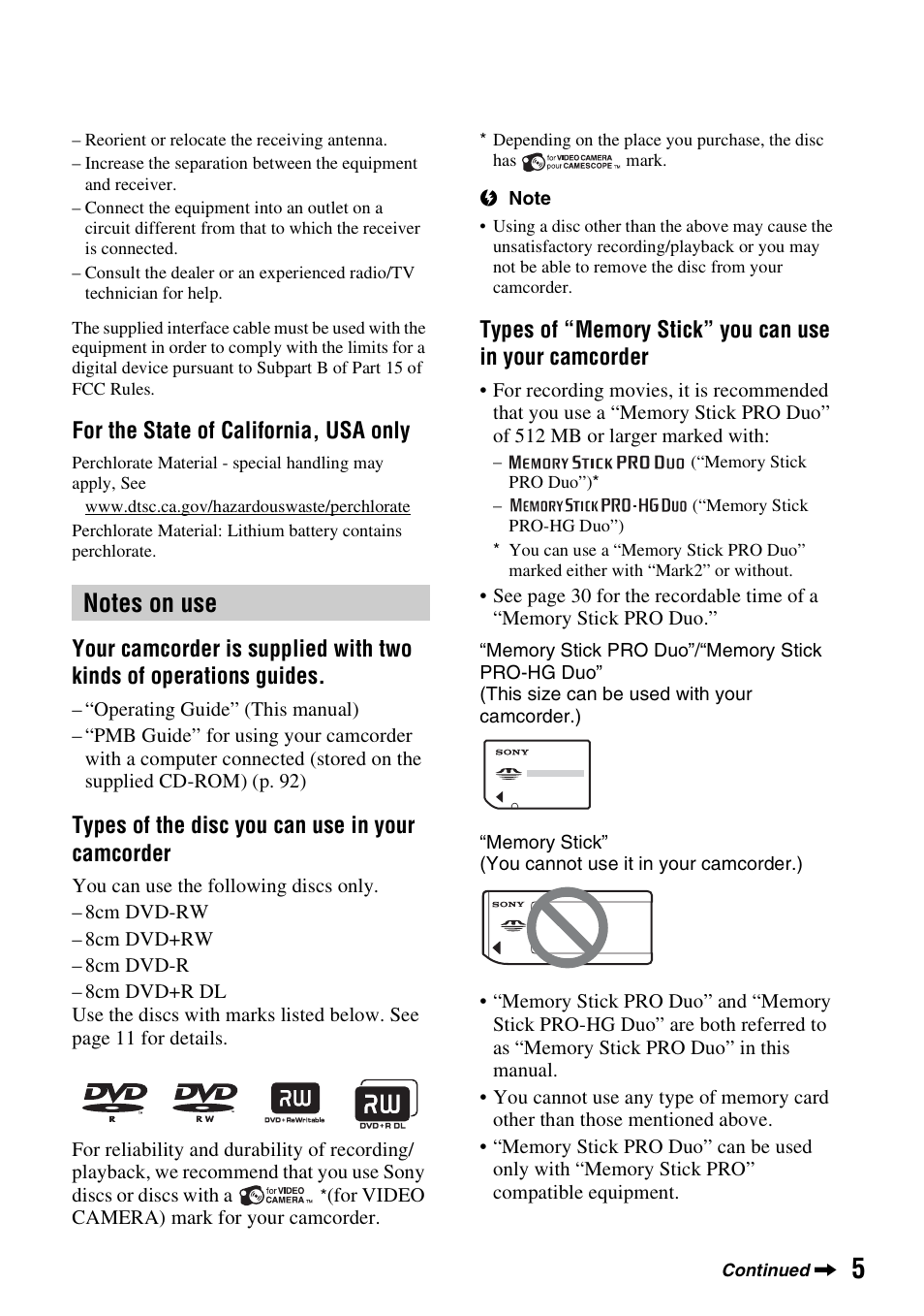 For the state of california, usa only, Types of the disc you can use in your camcorder | Sony DCR-DVD910 User Manual | Page 5 / 151