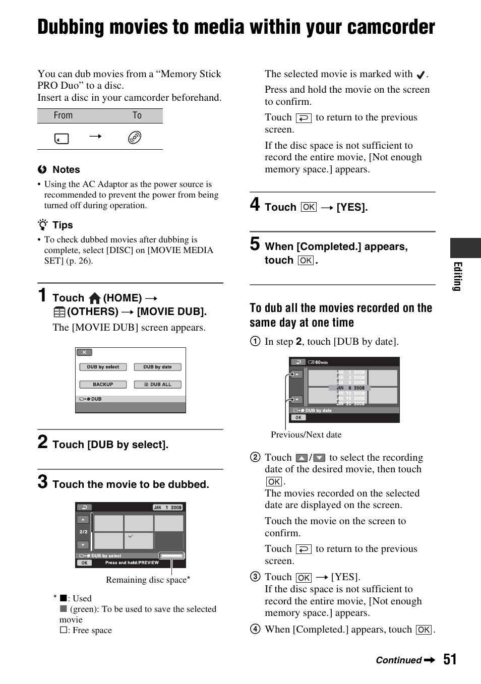Dubbing movies to media within your camcorder, P. 51, Dubbing movies to the media within | Your camcorder, P. 51), R (p. 51, Sc (p. 51) | Sony DCR-DVD910 User Manual | Page 51 / 151