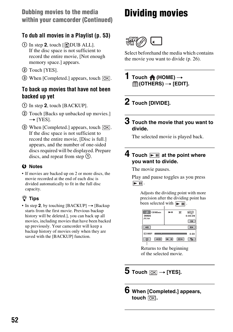 Dividing movies, P. 52) | Sony DCR-DVD910 User Manual | Page 52 / 151