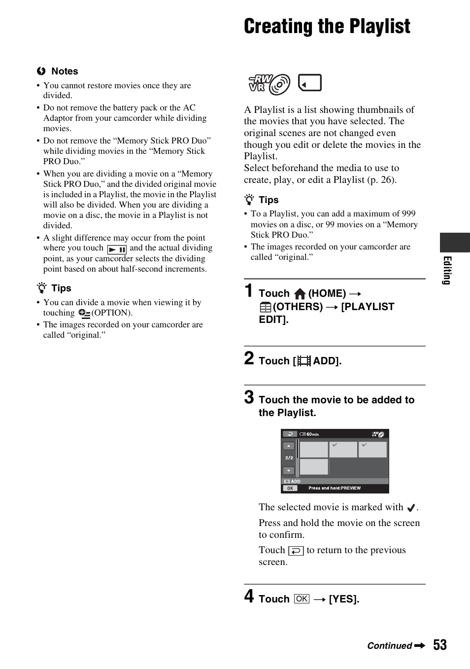 Creating the playlist, P. 53) | Sony DCR-DVD910 User Manual | Page 53 / 151