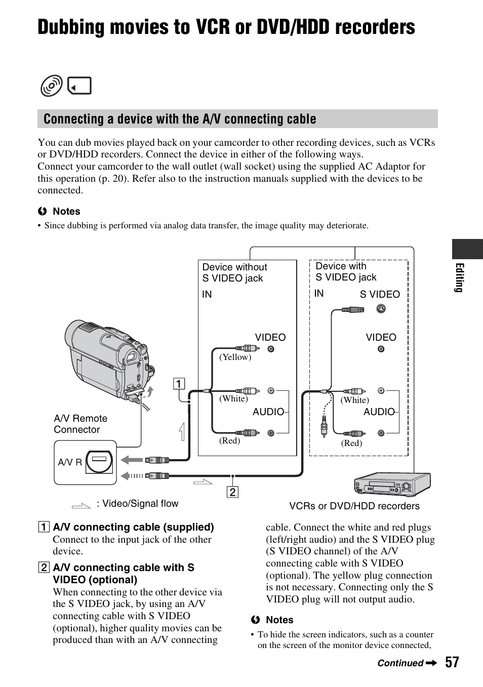 Dubbing movies to vcr or dvd/hdd recorders, Dubbing movies to vcr or dvd/hdd, Recorders | P. 57), Connecting a device with the a/v connecting cable | Sony DCR-DVD910 User Manual | Page 57 / 151