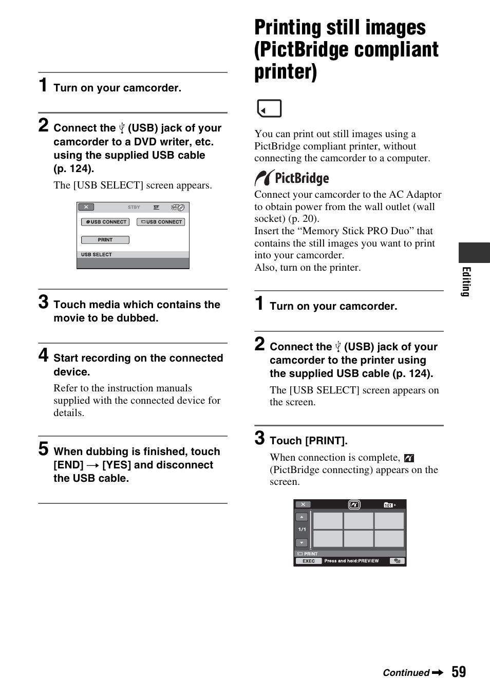 Printing still images (pictbridge, Compliant printer), E (1) (p. 59) | R (p. 59) | Sony DCR-DVD910 User Manual | Page 59 / 151