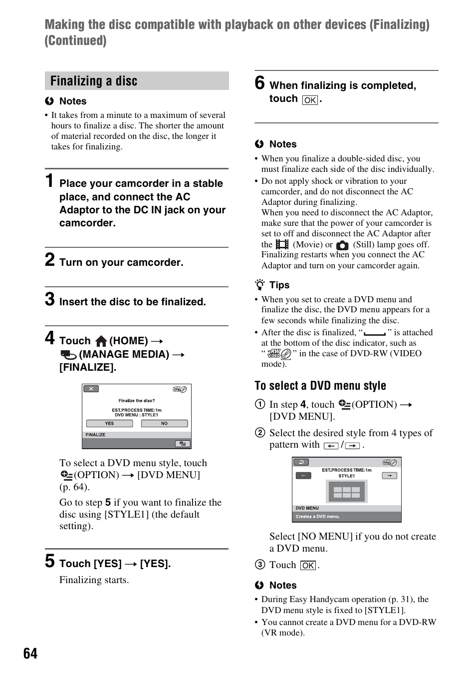 Finalizing a disc | Sony DCR-DVD910 User Manual | Page 64 / 151