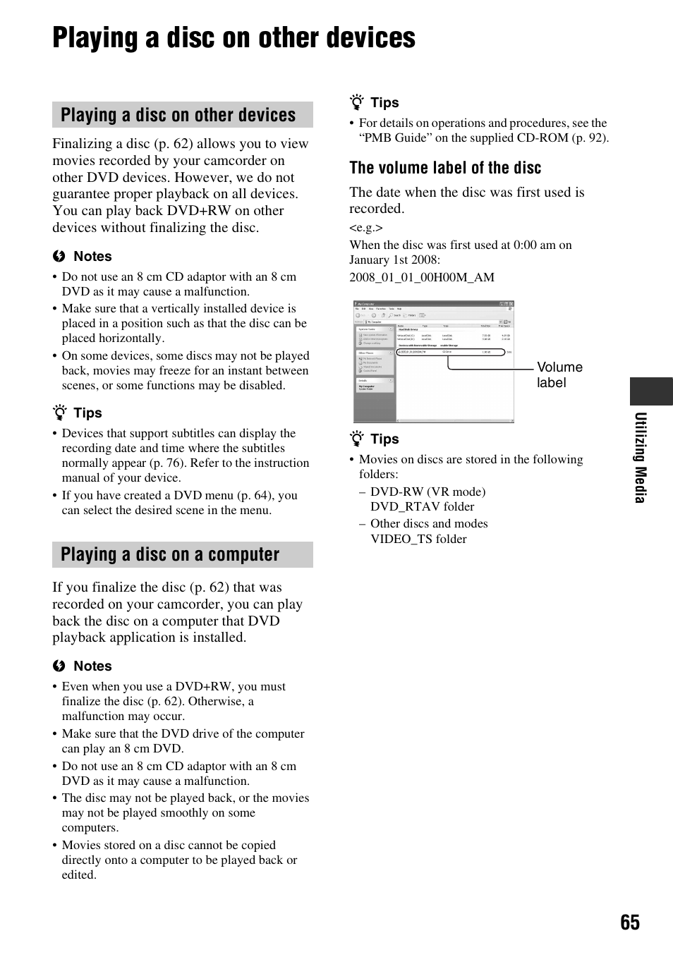 Playing a disc on other devices, P. 65), The volume label of the disc | Sony DCR-DVD910 User Manual | Page 65 / 151