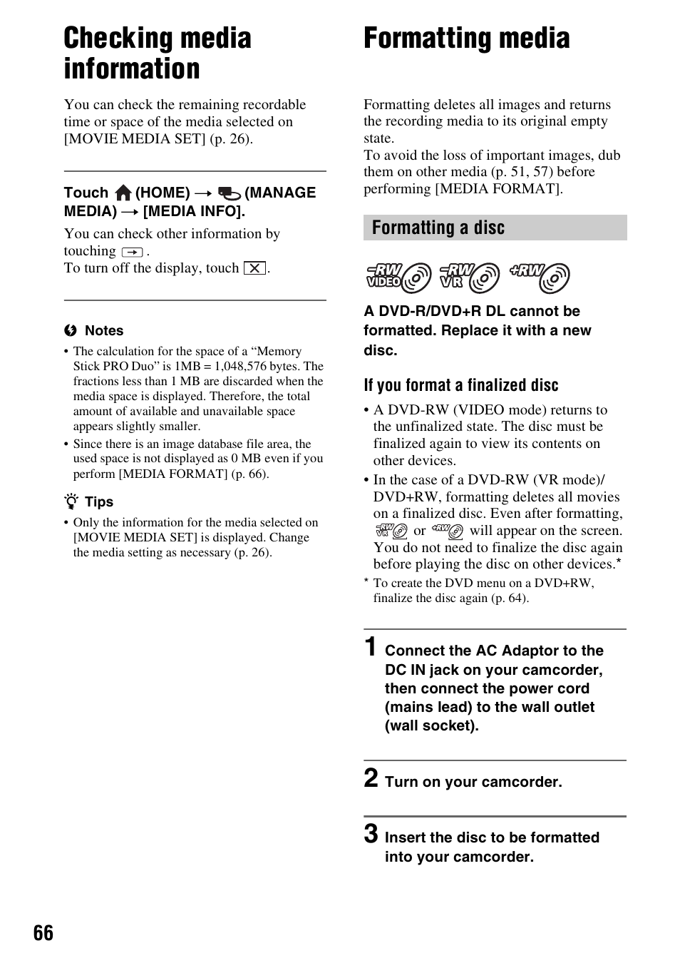 Checking media information, Formatting media, P. 66) | Formatting media” (p. 66), Media (p. 66), Formatting a disc | Sony DCR-DVD910 User Manual | Page 66 / 151
