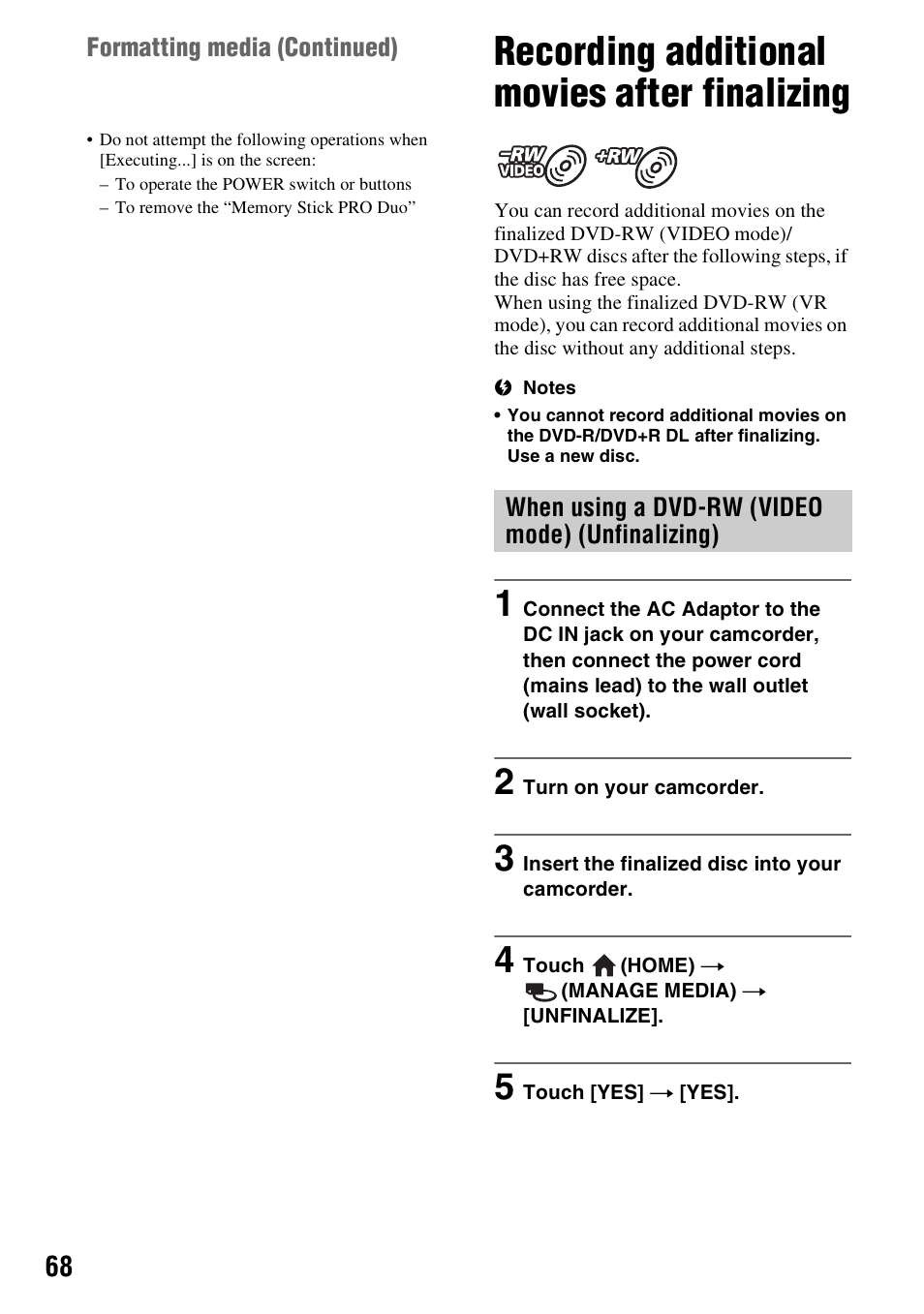 Recording additional movies after finalizing, Recording additional movies after, Finalizing | P. 68, P. 68), Sc (p. 68) | Sony DCR-DVD910 User Manual | Page 68 / 151