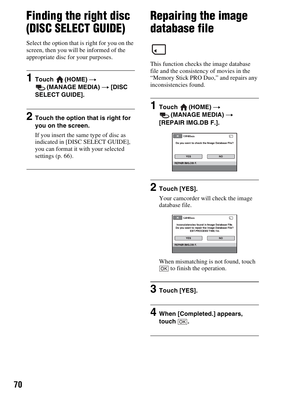 Finding the right disc (disc select guide), Repairing the image database file, Finding the right disc (disc select | Guide), Repairing the image database file 70, P. 70), E (p. 70) | Sony DCR-DVD910 User Manual | Page 70 / 151