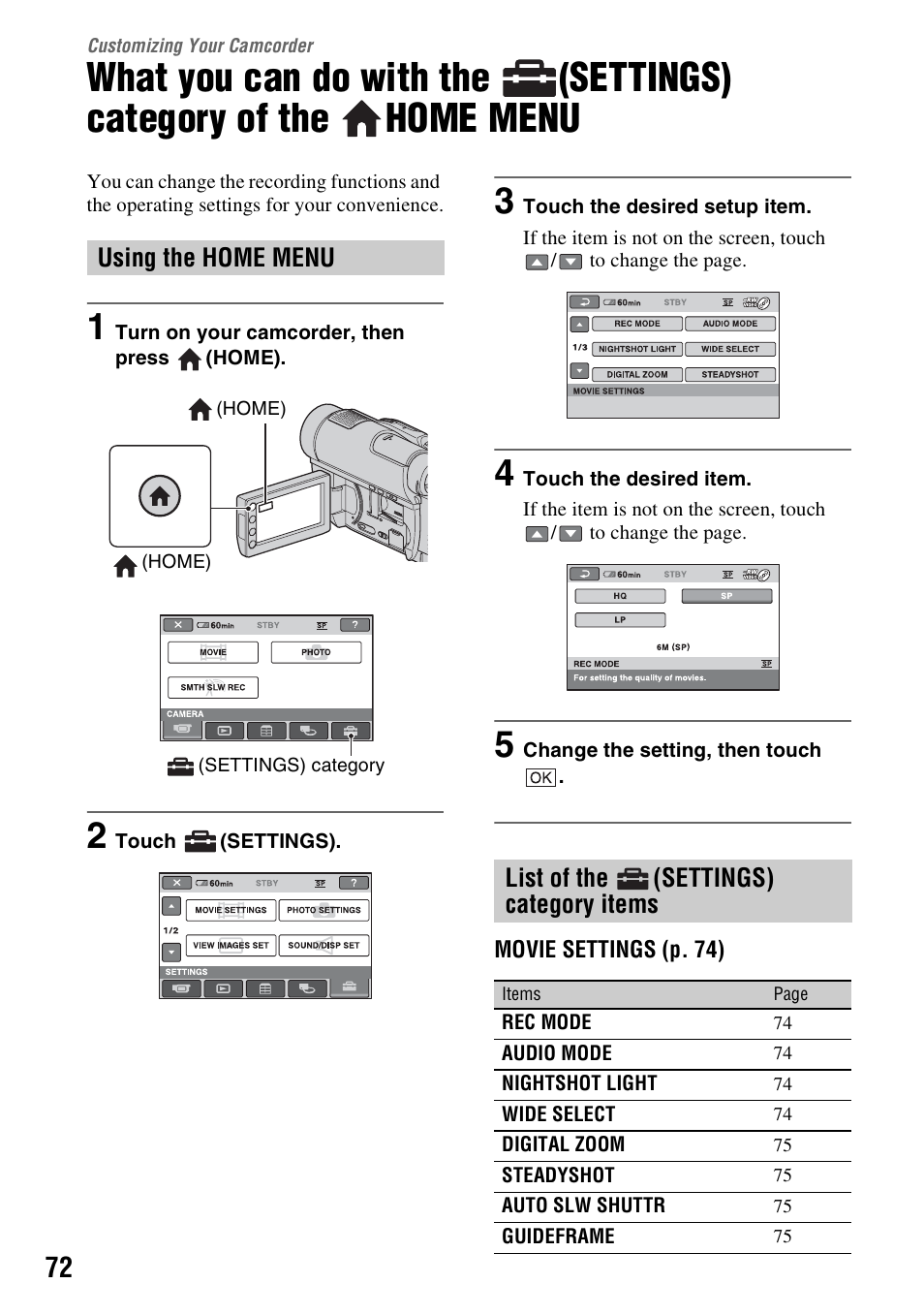 Customizing your camcorder, Using the home menu, List of the (settings) category items | Customizing your, Camcorder, What you can do with the, Settings) category of the, Home menu, Using the home menu list of the, Settings) category | Sony DCR-DVD910 User Manual | Page 72 / 151