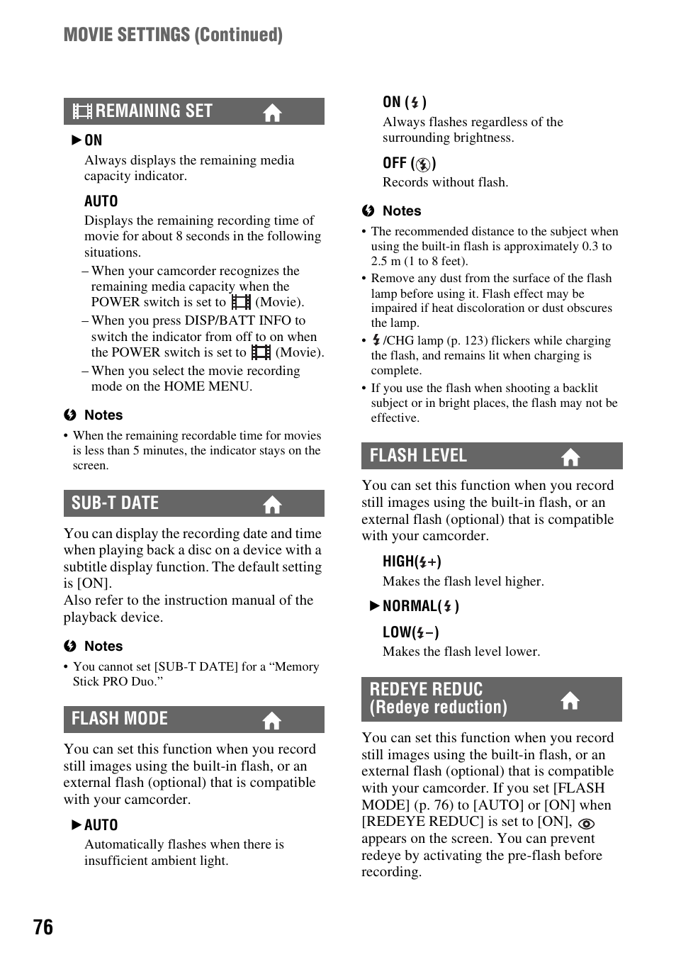 P. 76), Movie settings (continued) | Sony DCR-DVD910 User Manual | Page 76 / 151
