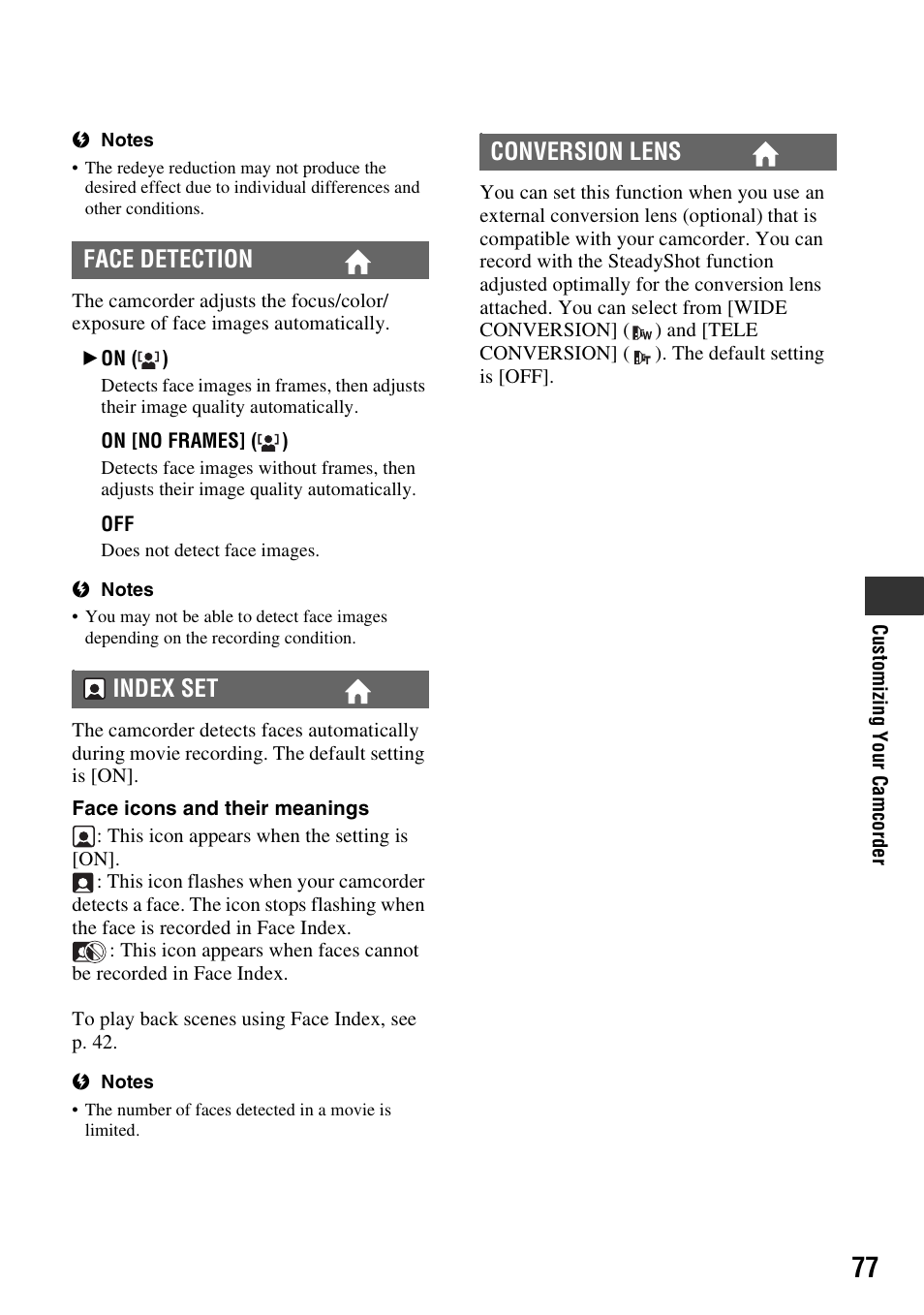 P. 77), Face detection index set conversion lens | Sony DCR-DVD910 User Manual | Page 77 / 151