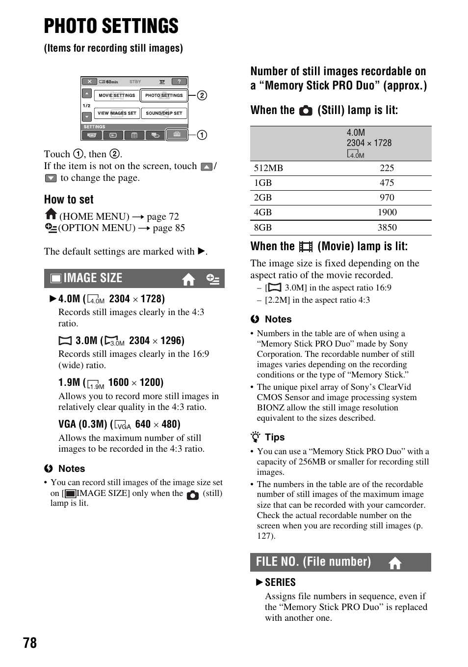 Photo settings, Items for recording still images), P. 78) | Image size, File no. (file number) | Sony DCR-DVD910 User Manual | Page 78 / 151