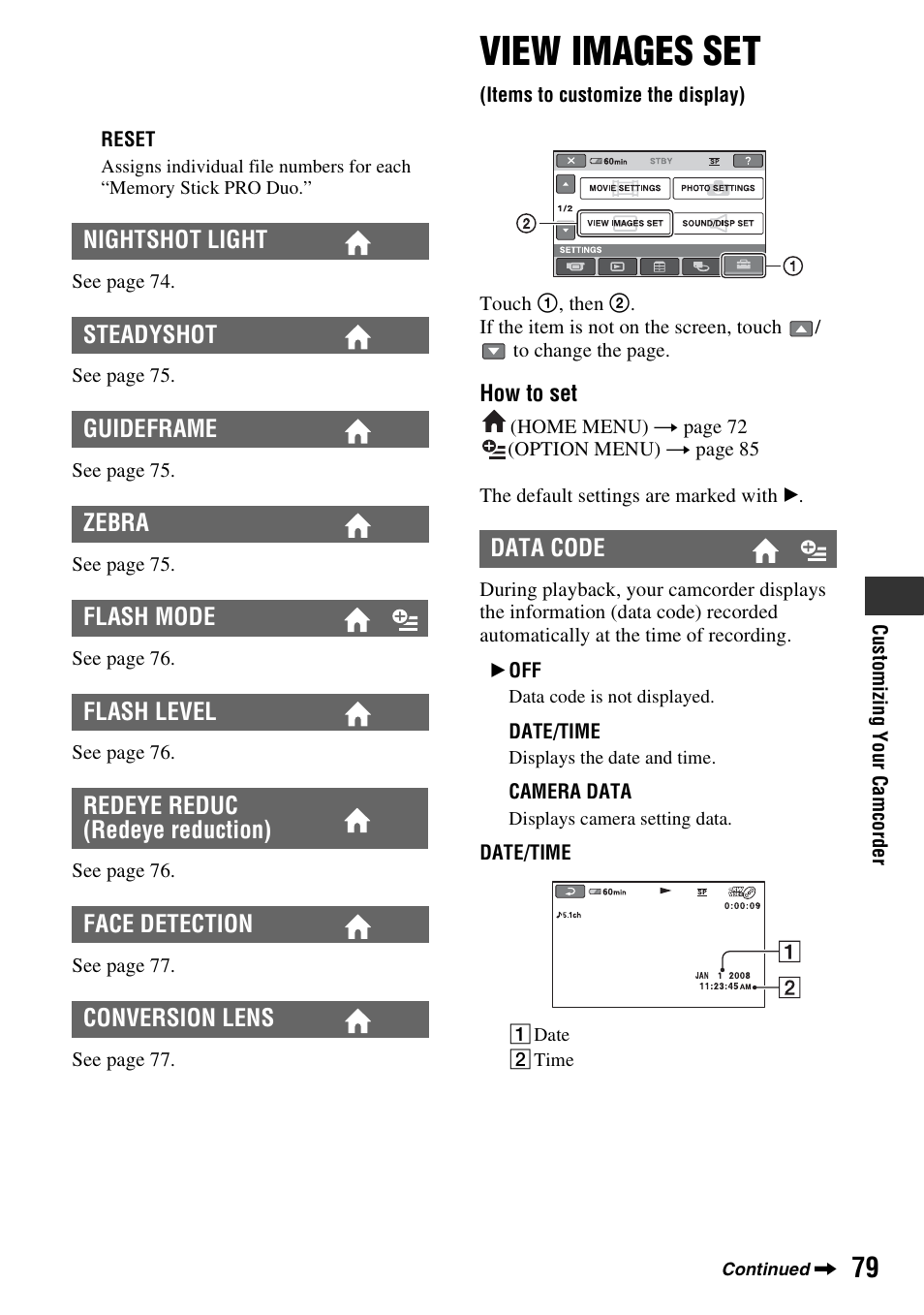 View images set, Items to customize the display), P. 79) | Een (p. 79), T (p. 79) | Sony DCR-DVD910 User Manual | Page 79 / 151