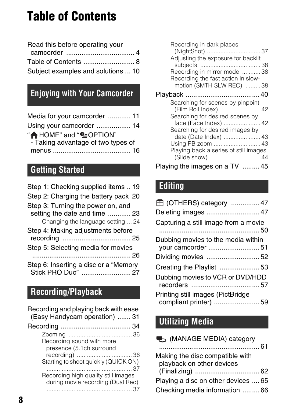 Sony DCR-DVD910 User Manual | Page 8 / 151