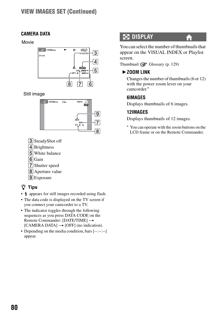 P. 80), View images set (continued), Display | Sony DCR-DVD910 User Manual | Page 80 / 151