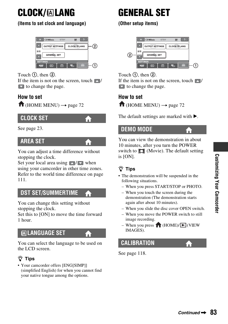 Clock/lang, Items to set clock and language), General set | Other setup items), Clock, Lang, Ng (p. 83), P. 83), Clock/ lang | Sony DCR-DVD910 User Manual | Page 83 / 151