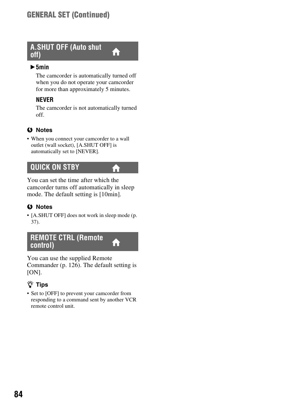 P. 84, P. 84), General set (continued) | Sony DCR-DVD910 User Manual | Page 84 / 151