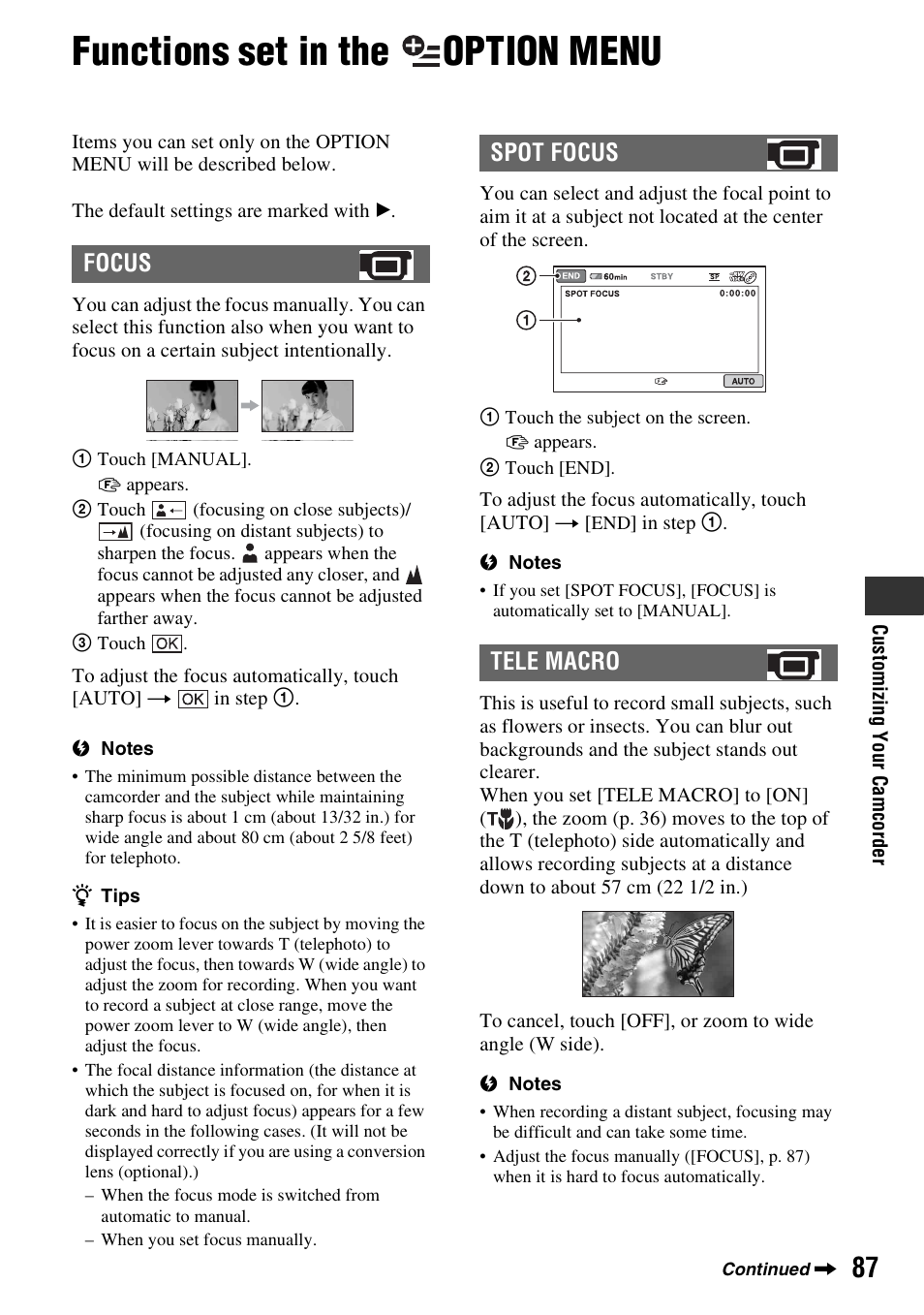 Functions set in the option menu, Functions set in the, Option | Menu, P. 87), Focus spot focus tele macro | Sony DCR-DVD910 User Manual | Page 87 / 151