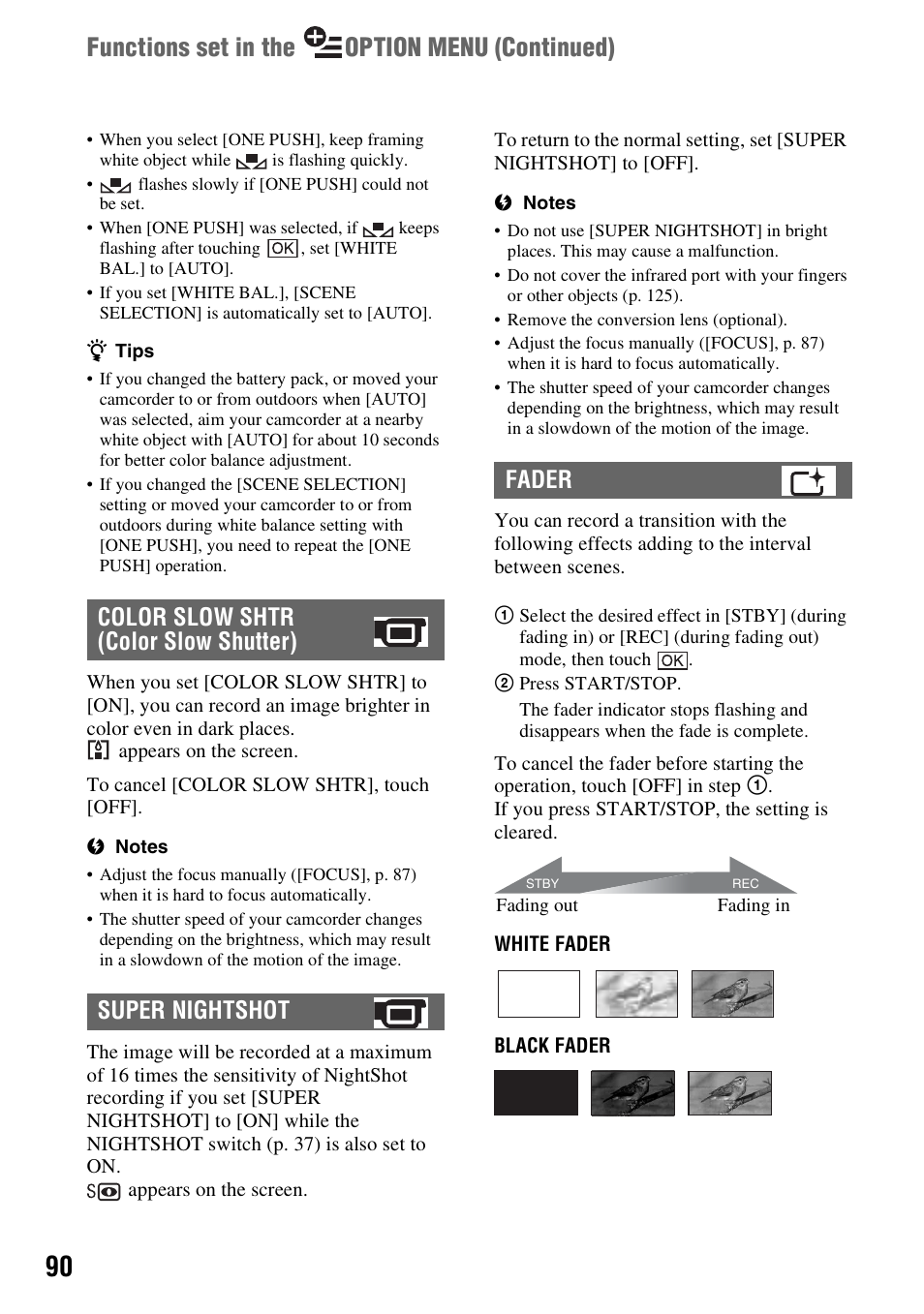 Unction (p. 90), P. 90), P. 90 | Functions set in the option menu (continued) | Sony DCR-DVD910 User Manual | Page 90 / 151
