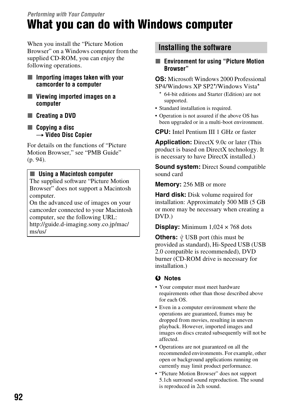 Performing with your computer, What you can do with windows computer, Performing with your | Computer, What you can do with windows, Er (p. 92), P. 92), Installing the software | Sony DCR-DVD910 User Manual | Page 92 / 151