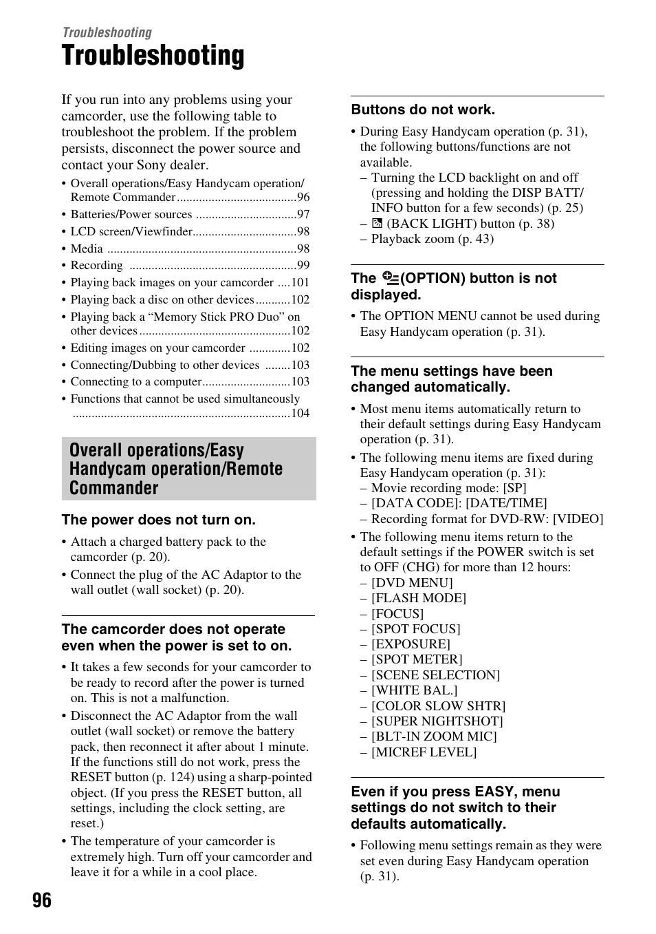 Troubleshooting | Sony DCR-DVD910 User Manual | Page 96 / 151