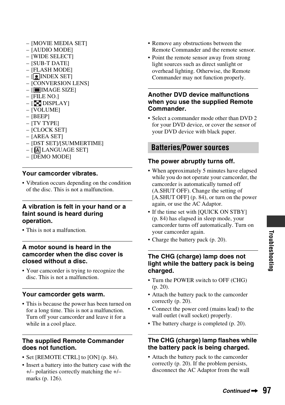 Batteries/power sources | Sony DCR-DVD910 User Manual | Page 97 / 151