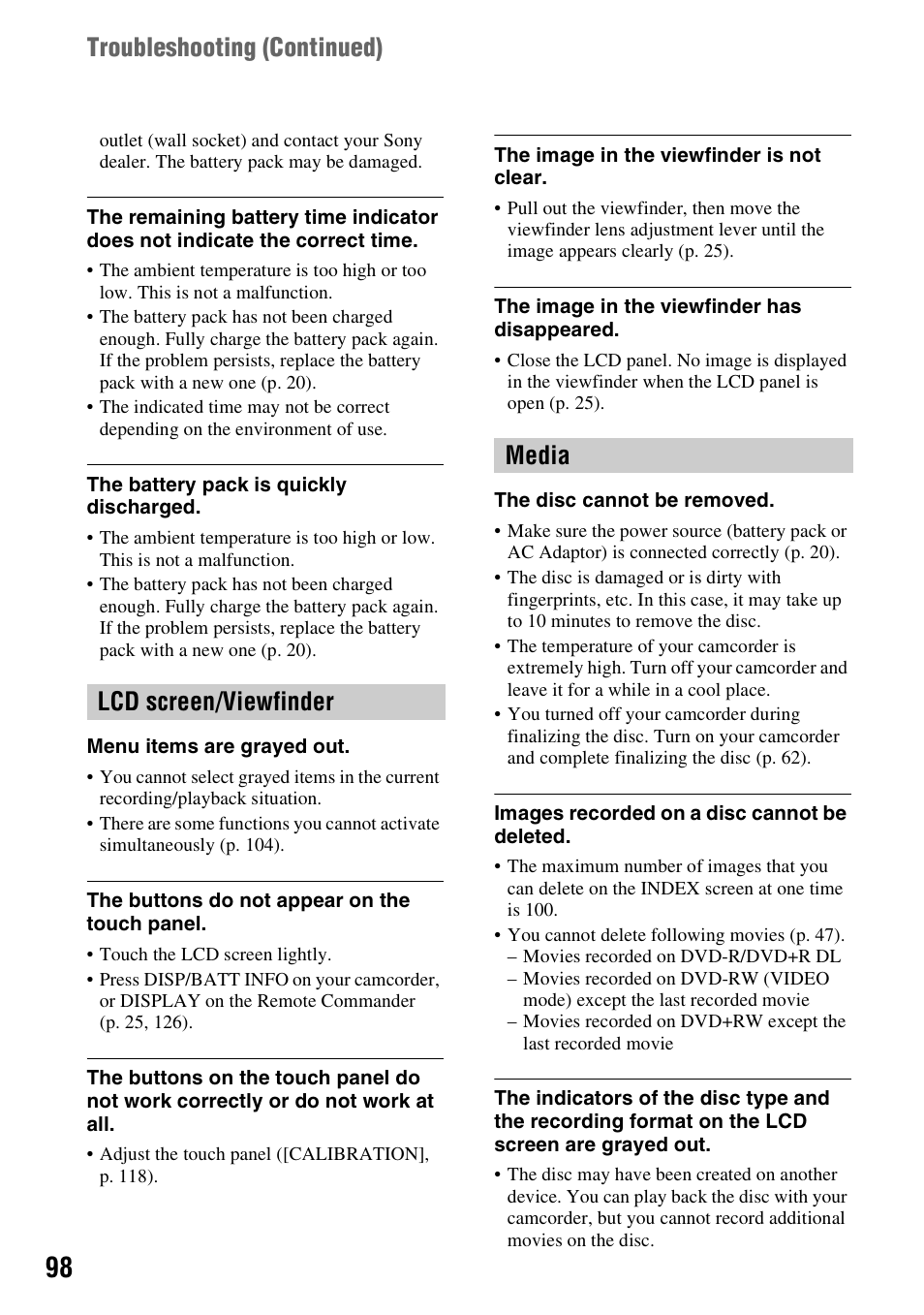 Lcd screen/viewfinder, Media, Troubleshooting (continued) | Lcd screen/viewfinder media | Sony DCR-DVD910 User Manual | Page 98 / 151