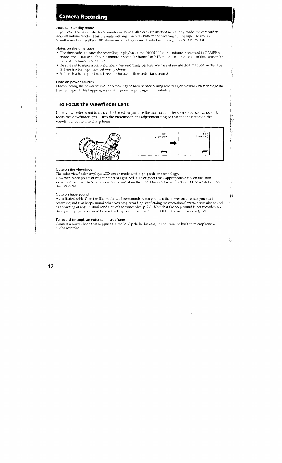 Camera recording, Note on standby mode, Notes on the time code | Note on power sources, To focus the viewfinder lens, Note on the viewfinder, Note on beep sound, To record through an external microphone | Sony DCR-VX700 User Manual | Page 12 / 73