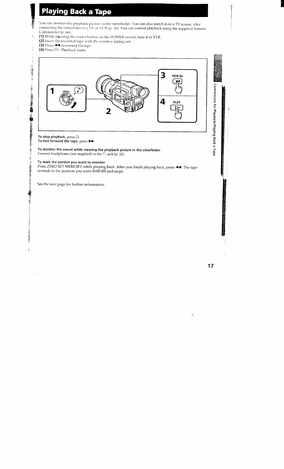 Playing back a tape, To mark the portion you want to monitor | Sony DCR-VX700 User Manual | Page 17 / 73