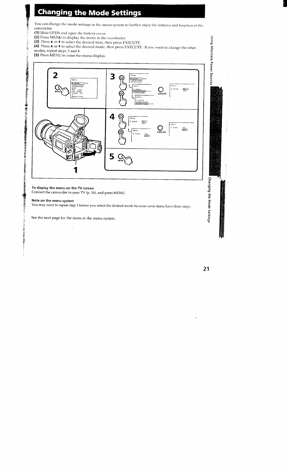 Changing the mode settings | Sony DCR-VX700 User Manual | Page 21 / 73