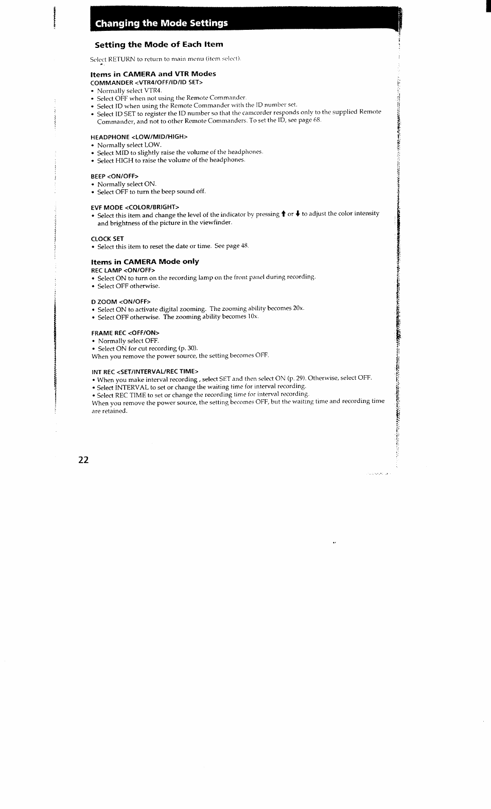 Changing the mode settings, Setting the mode of each item, Items in camera and vtr modes | Items in camera mode only | Sony DCR-VX700 User Manual | Page 22 / 73
